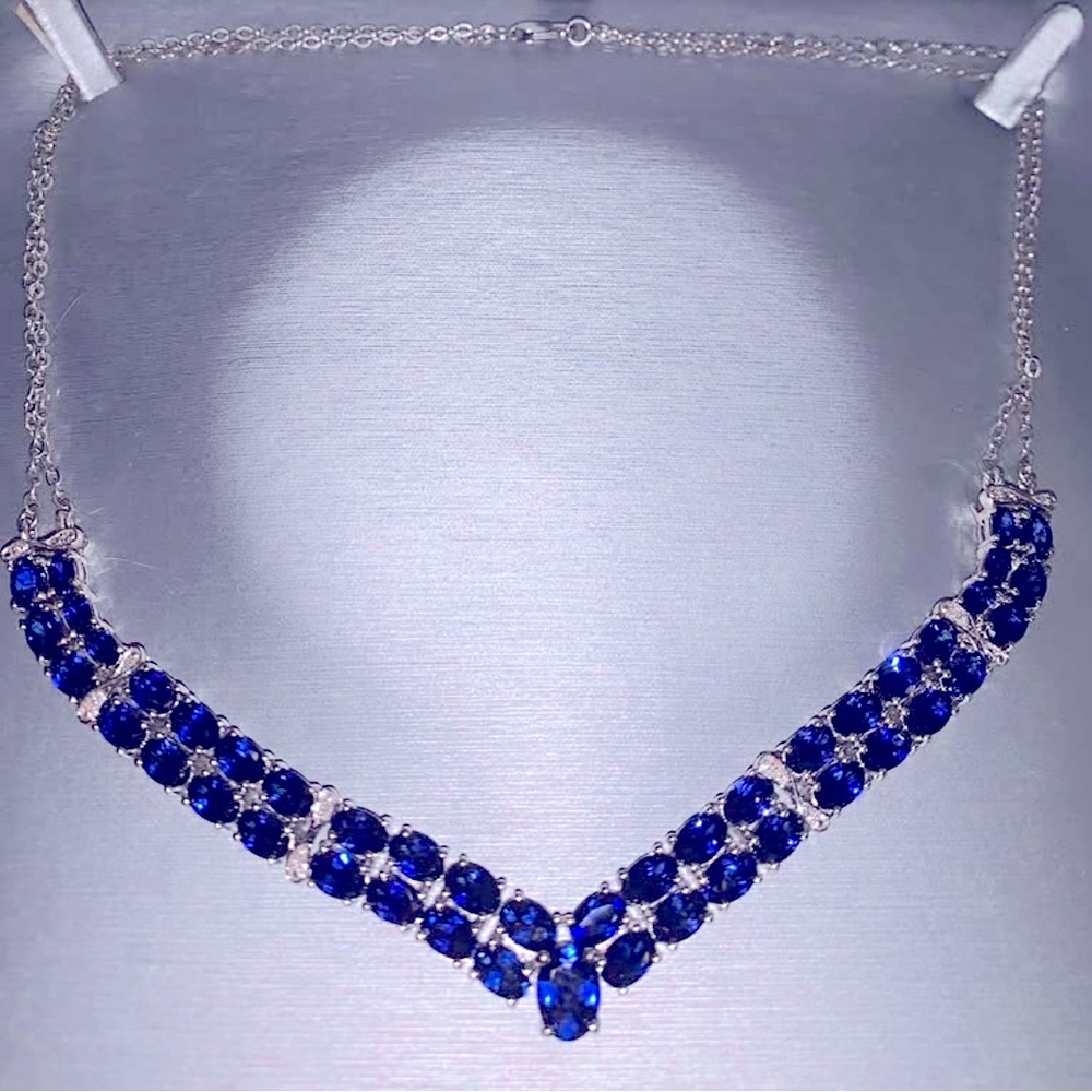 Blue Sapphire and Diamond Accent Double Row Chevron Necklace
